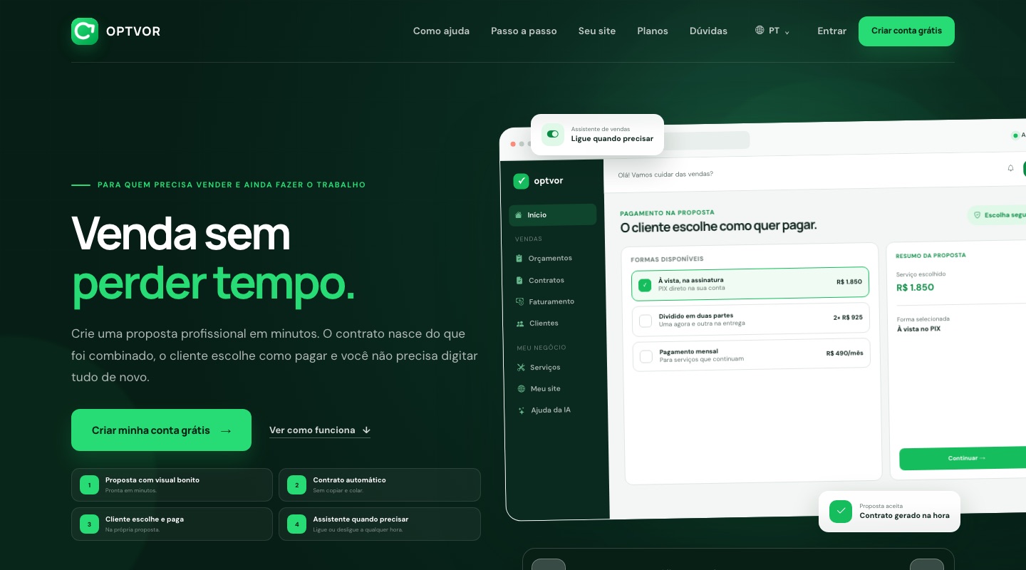 Tela do site do Optvor com uma prévia do painel de propostas e pagamentos.